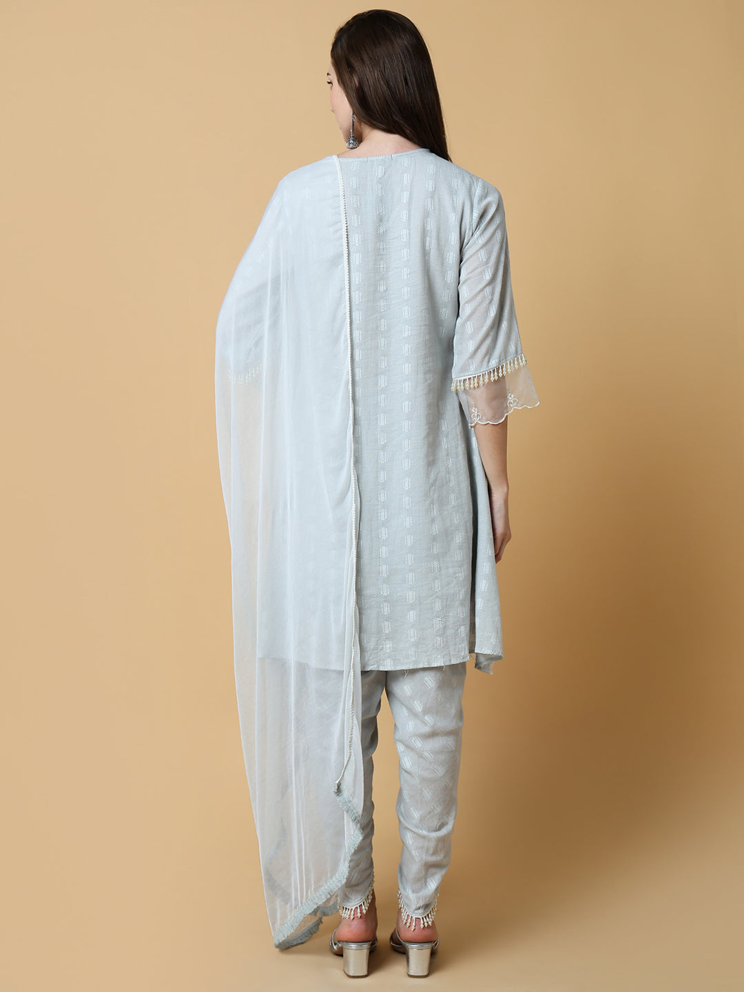 Women Solid Grey A-Line Kurta Set with Dupatta