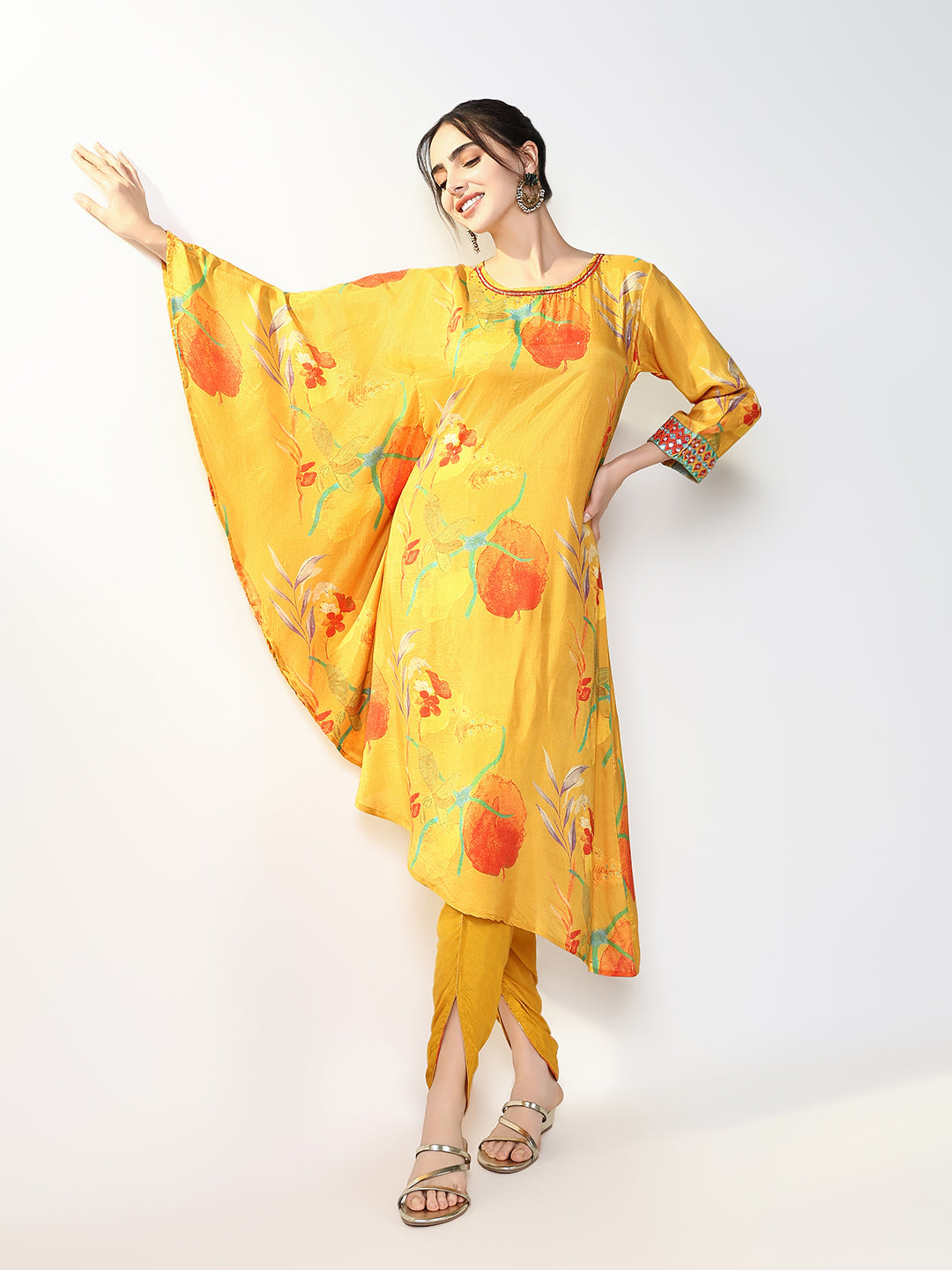 Women Floral Yellow Kaftan Kurta Set