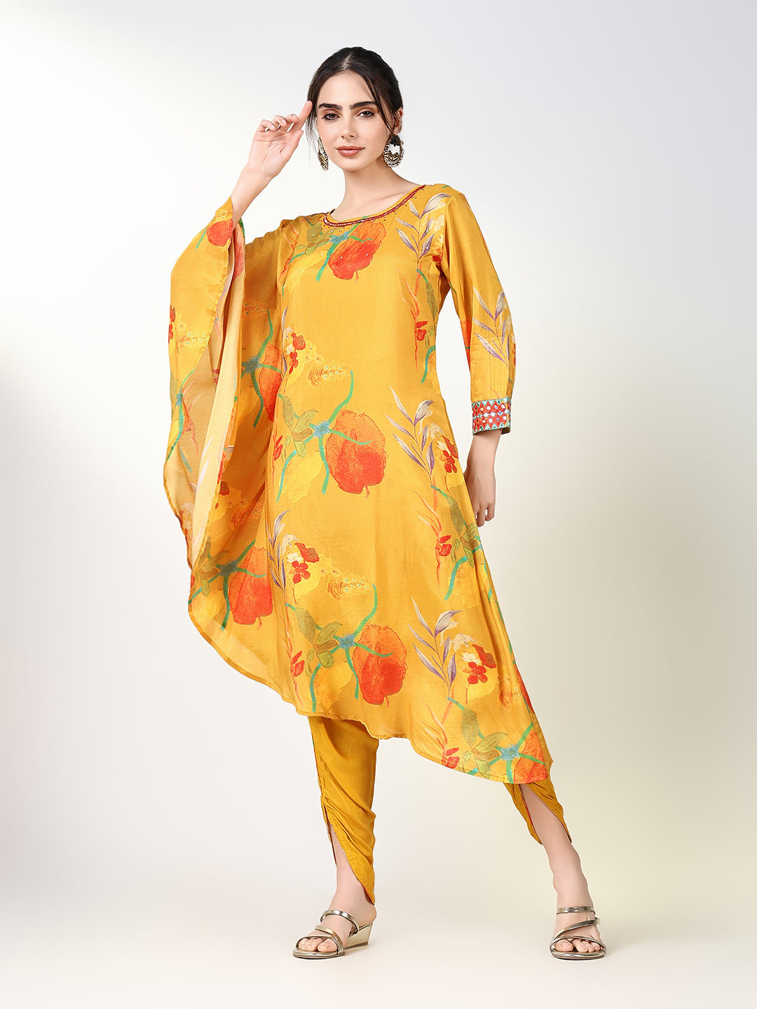 Women Floral Yellow Kaftan Kurta Set