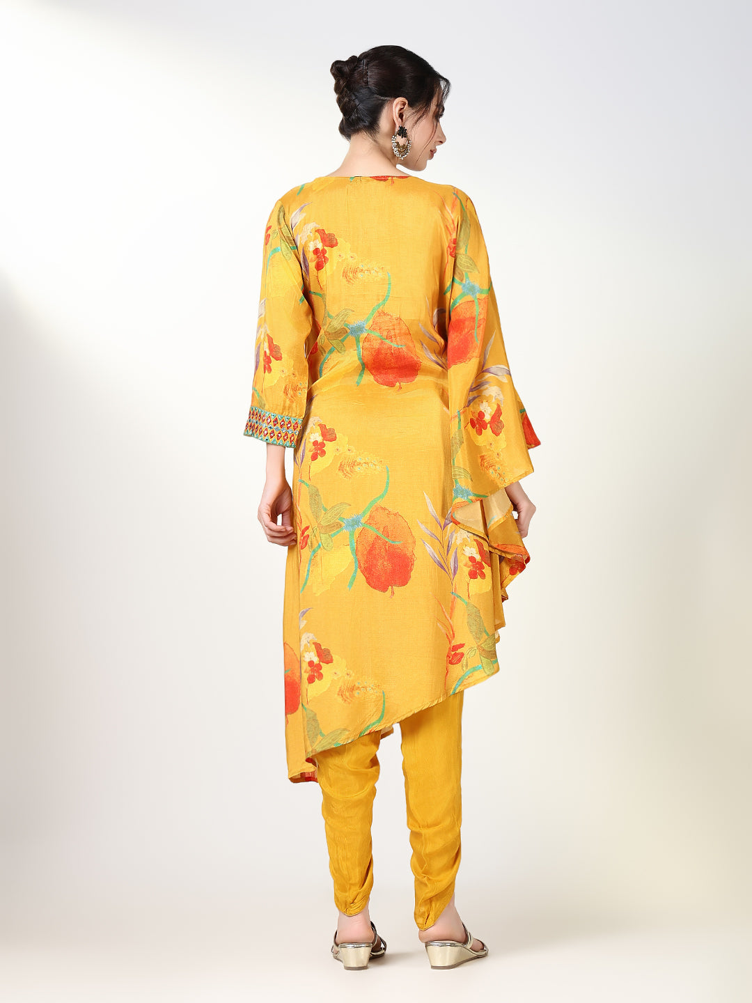 Women Floral Yellow Kaftan Kurta Set