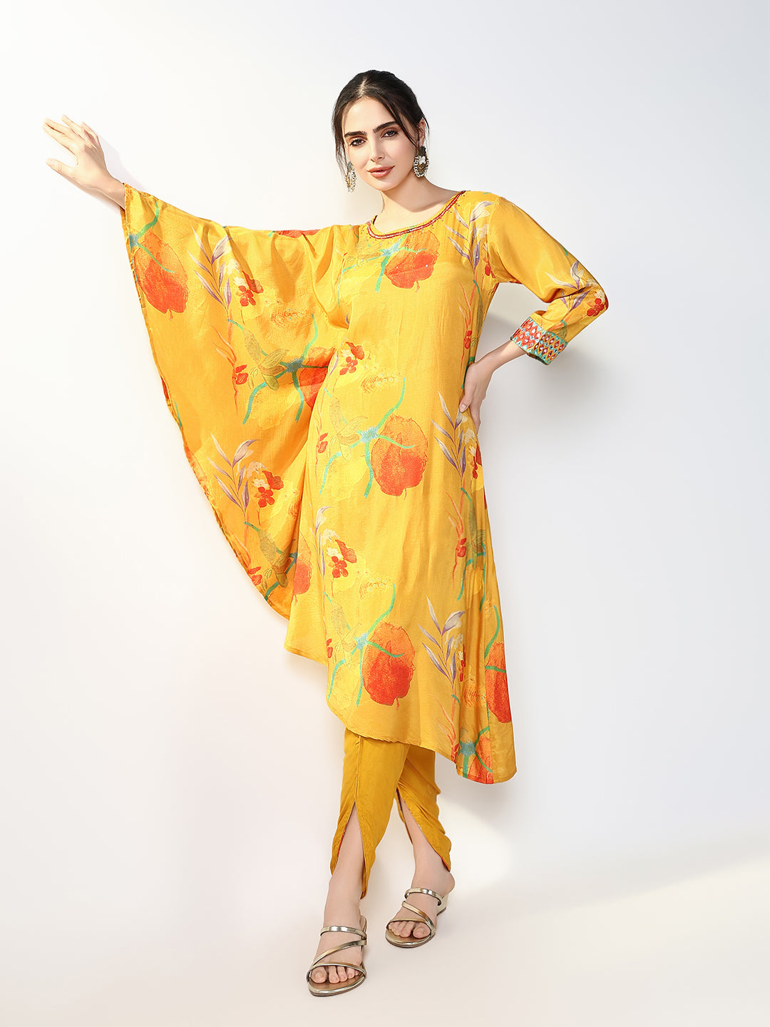 Women Floral Yellow Kaftan Kurta Set