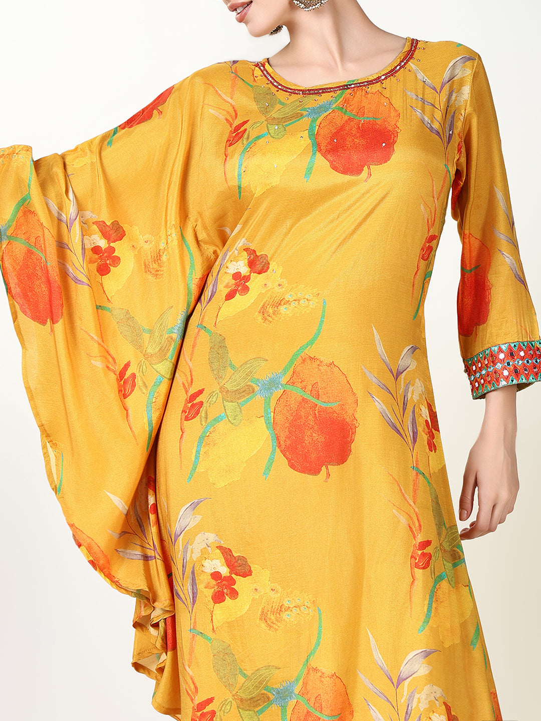 Women Floral Yellow Kaftan Kurta Set