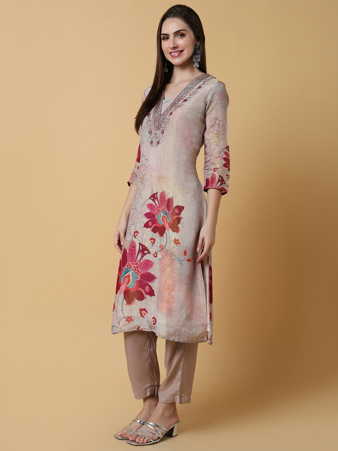 Women Floral Beige Straight Kurta Set with Dupatta