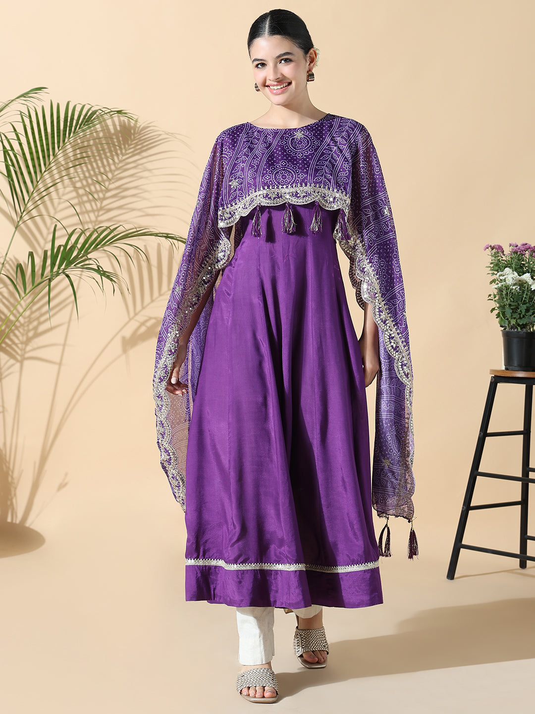 Women Purple Raw silk Anarkali Kurta with Attached Dupatta