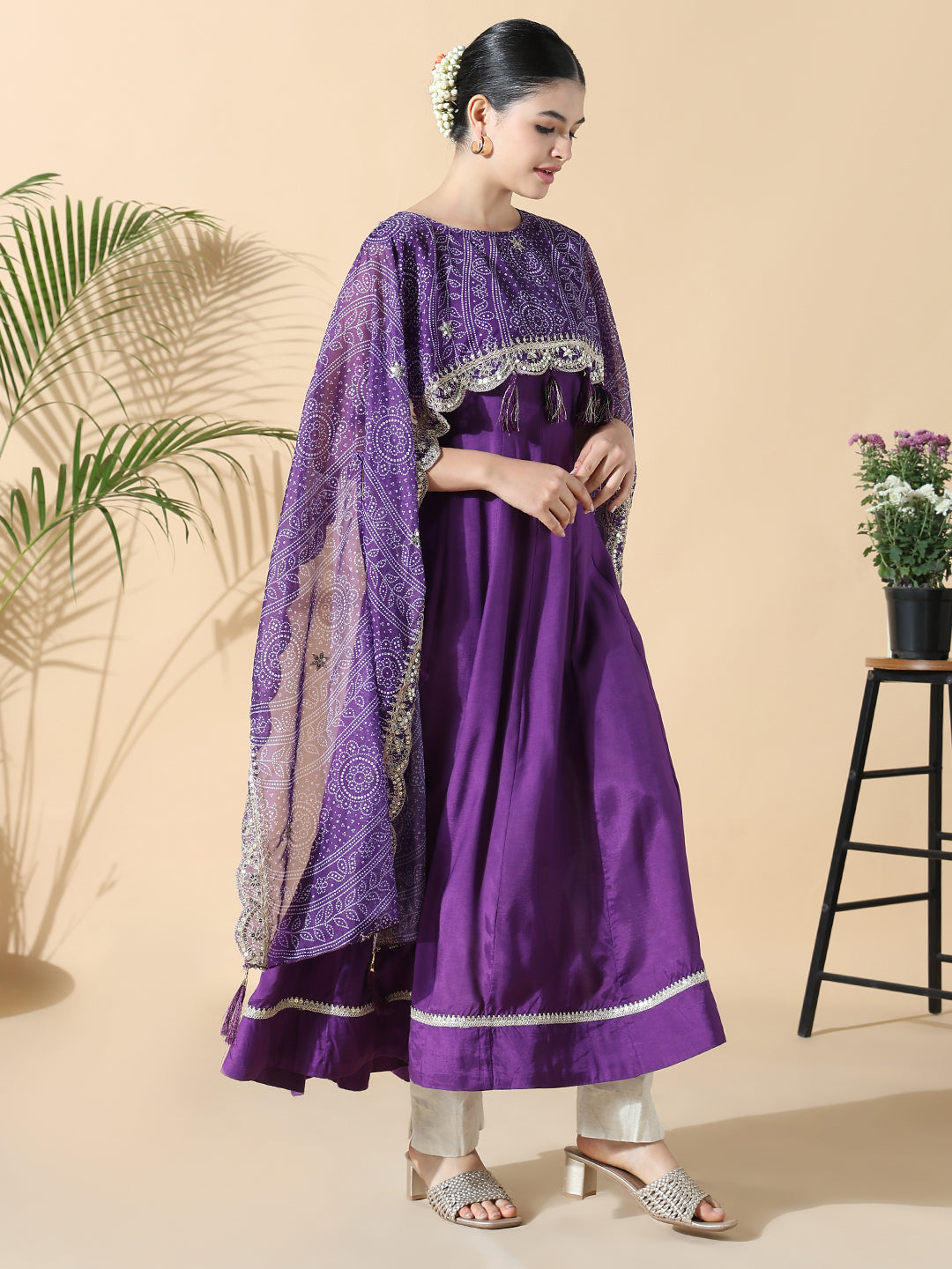 Women Purple Raw silk Anarkali Kurta with Attached Dupatta