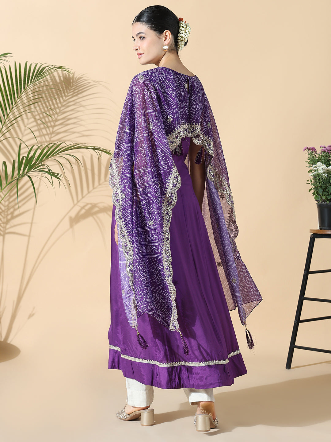 Women Purple Raw silk Anarkali Kurta with Attached Dupatta