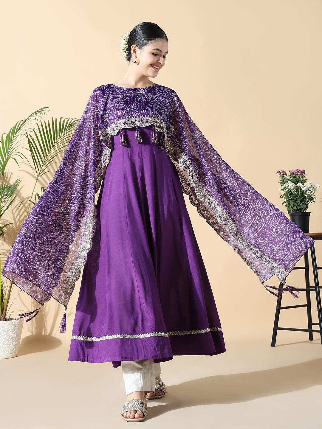 Women Purple Raw silk Anarkali Kurta with Attached Dupatta