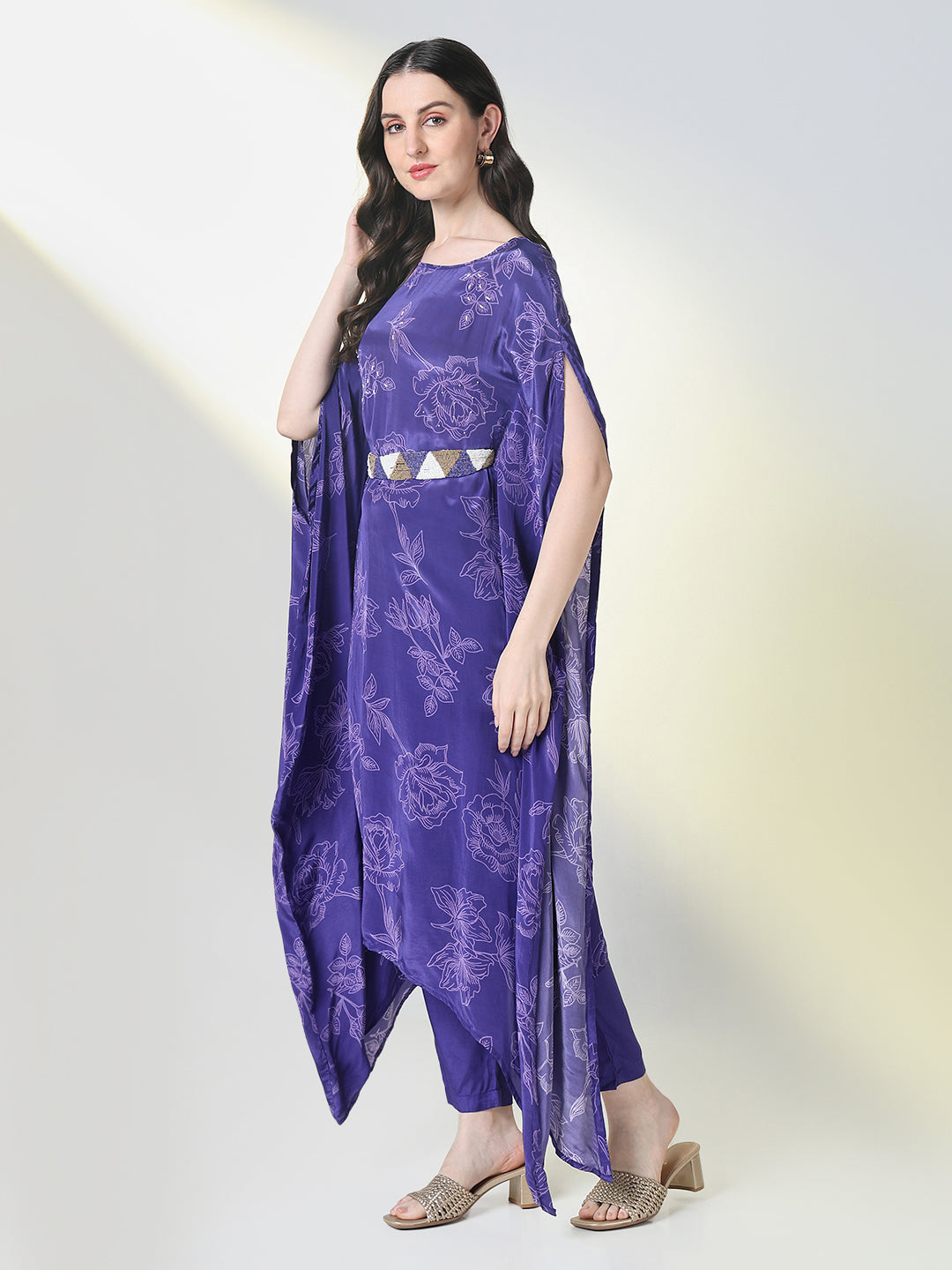 Women Purple Floral Kaftan Kurta Set with Belt