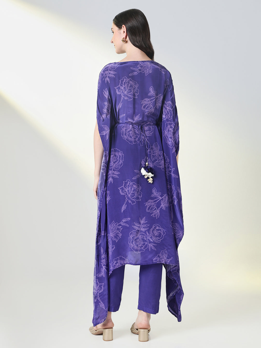 Women Purple Floral Kaftan Kurta Set with Belt