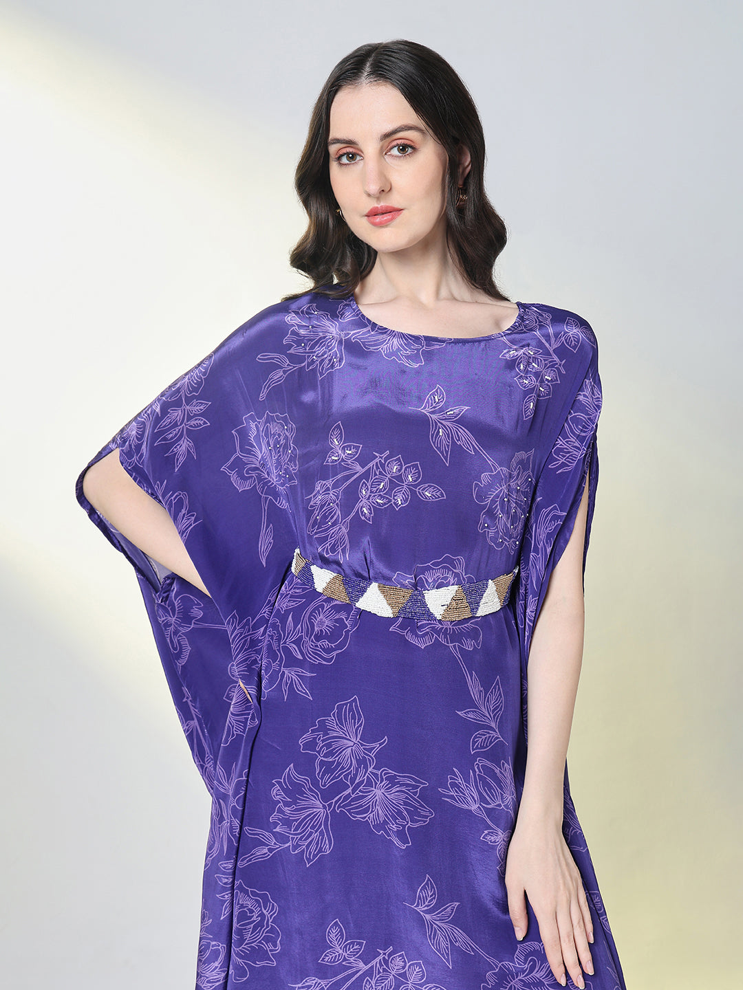 Women Purple Floral Kaftan Kurta Set with Belt