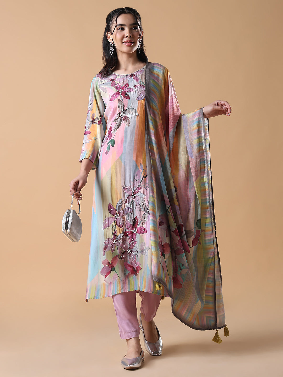 Women Floral Straight Pink Full Sleeve Kurta Set with Dupatta