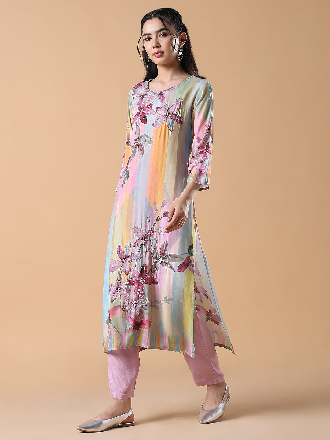 Women Floral Straight Pink Full Sleeve Kurta Set with Dupatta