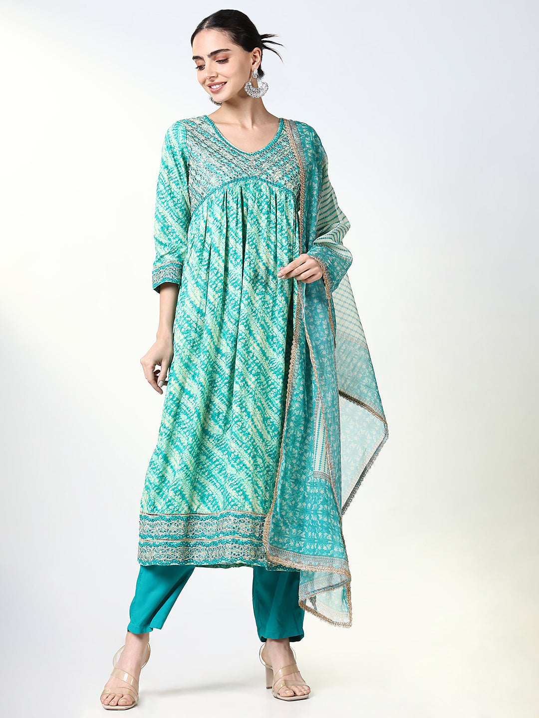 Women Graphic Green Anarkali Kurta Set with Dupatta