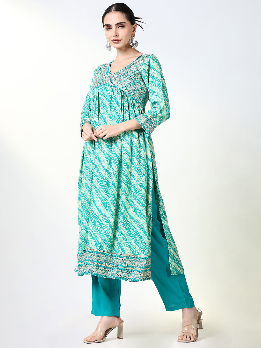 Women Graphic Green Anarkali Kurta Set with Dupatta