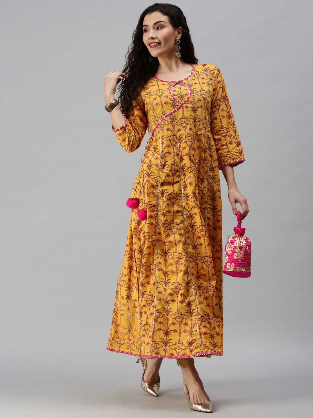 Women Printed Yellow Anarkali Kurta