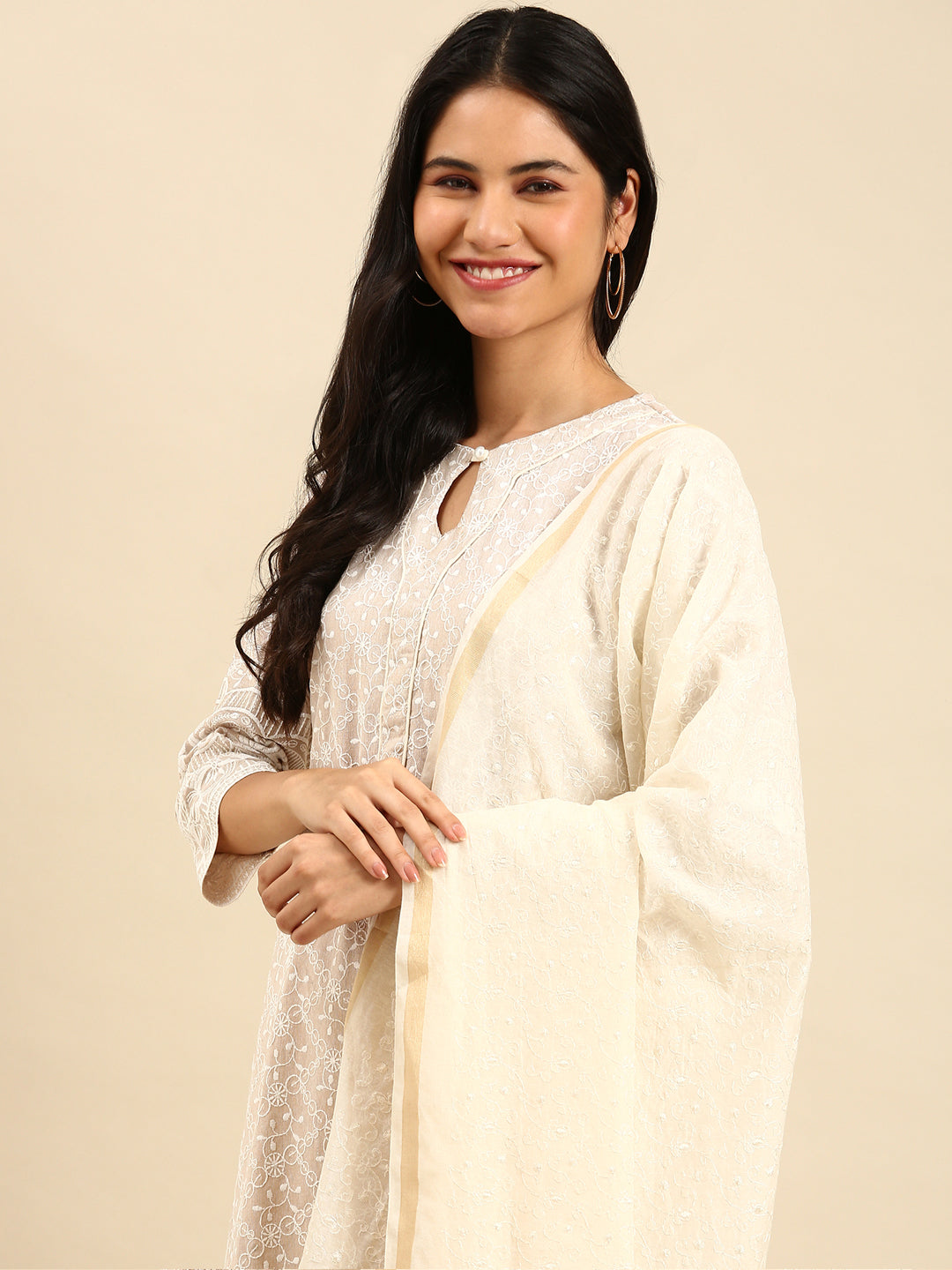 Women Solid Beige Straight Kurta Set with Dupatta