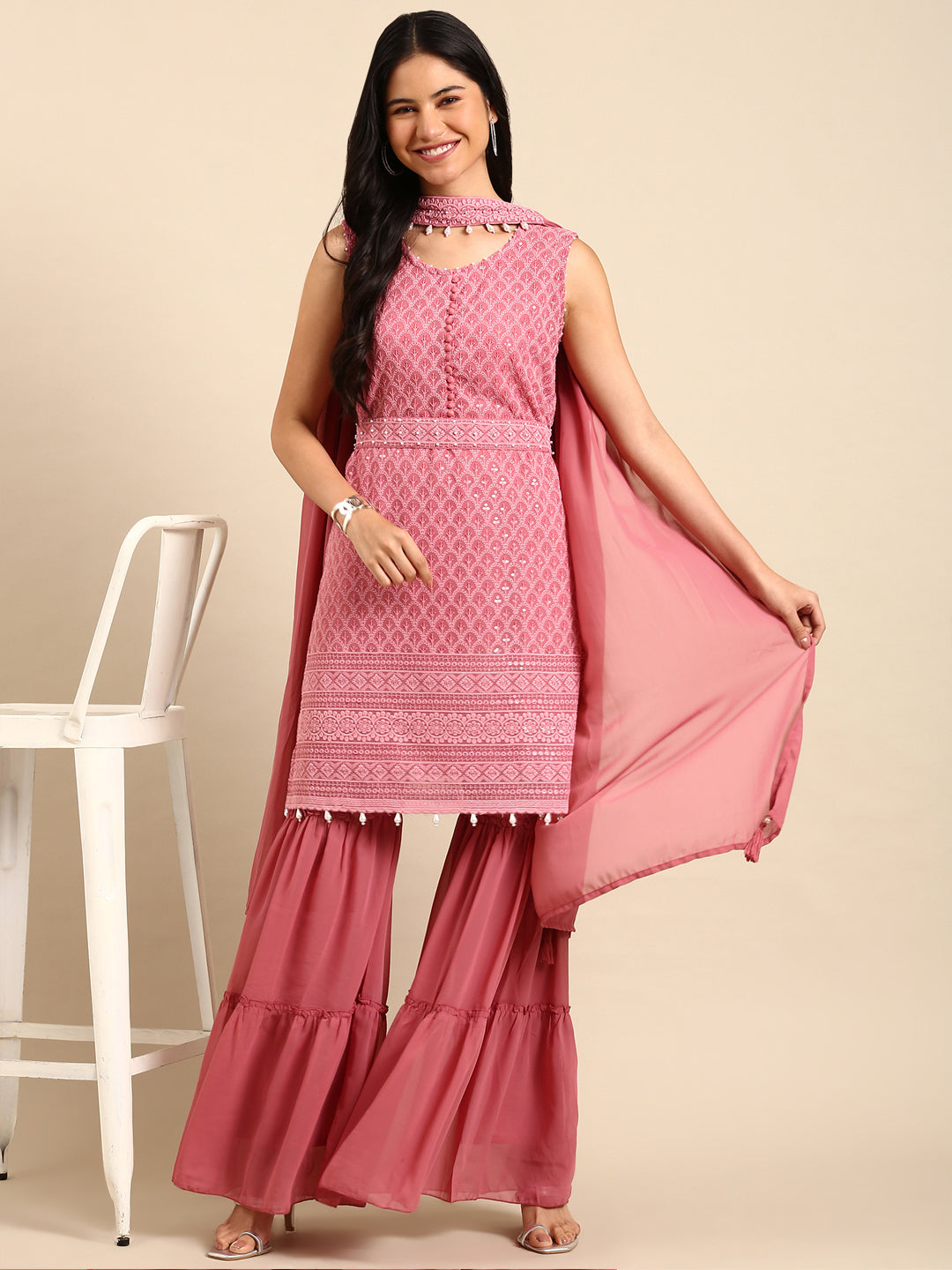 Women Solid Pink Straight Kurta Set with Dupatta and Belt