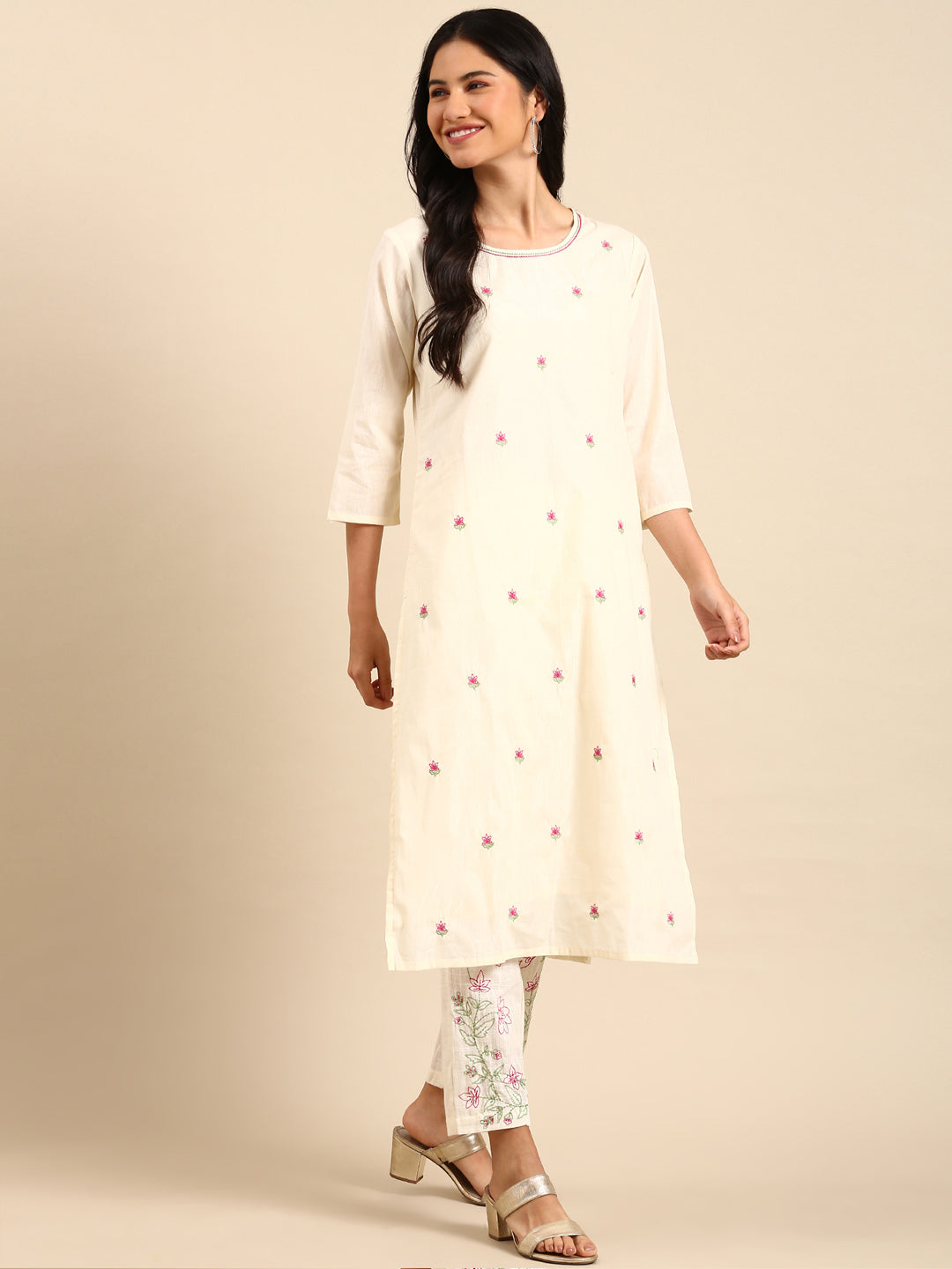 Women Solid Cream Straight Kurta Set with Dupatta