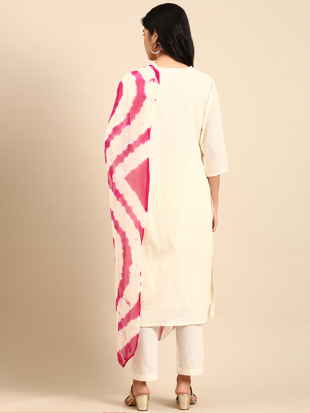 Women Solid Cream Straight Kurta Set with Dupatta