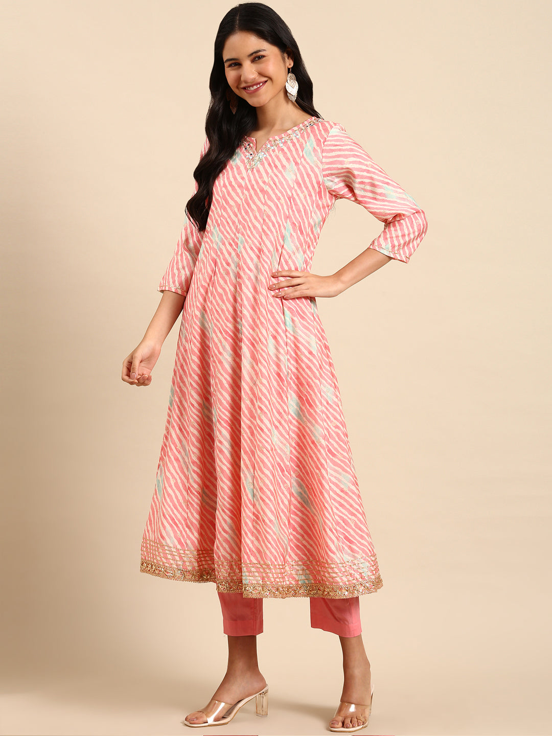 Women Leheriya Pink Anarkali Kurta Set with Dupatta