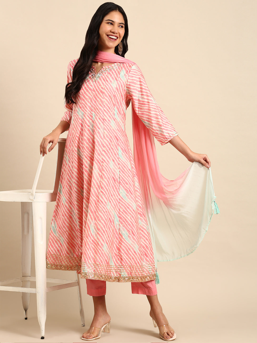 Women Leheriya Pink Anarkali Kurta Set with Dupatta