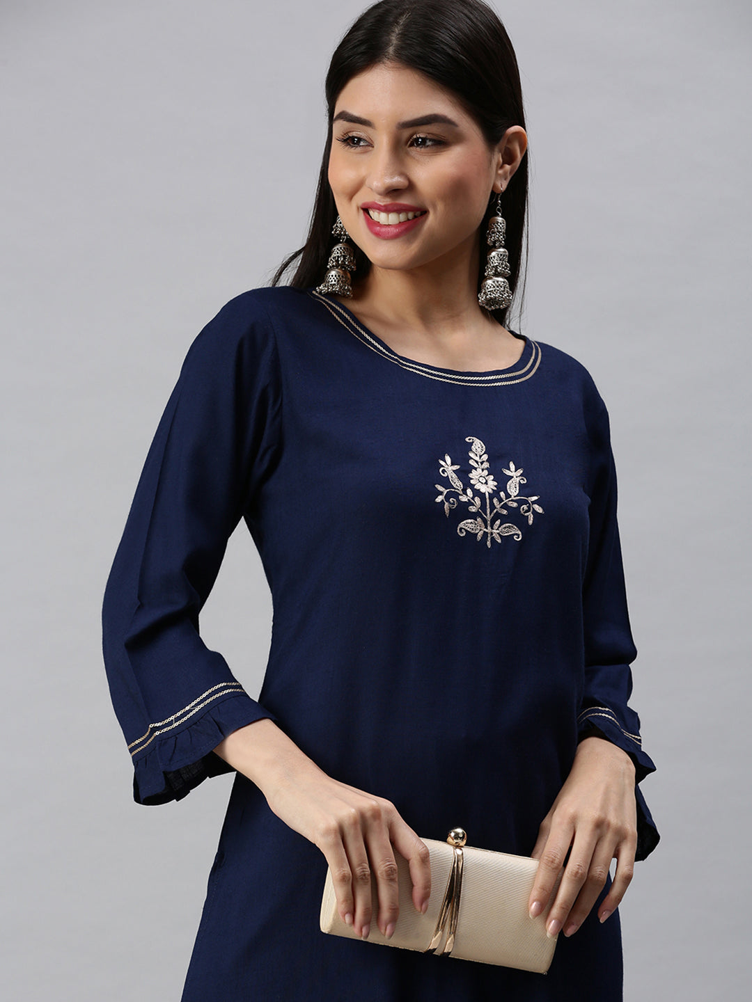 Women Straight Navy Blue Solid Kurta and Trousers