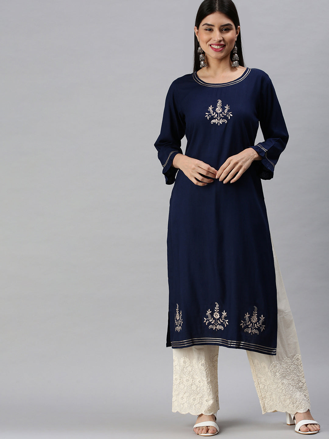 Women Straight Navy Blue Solid Kurta and Trousers