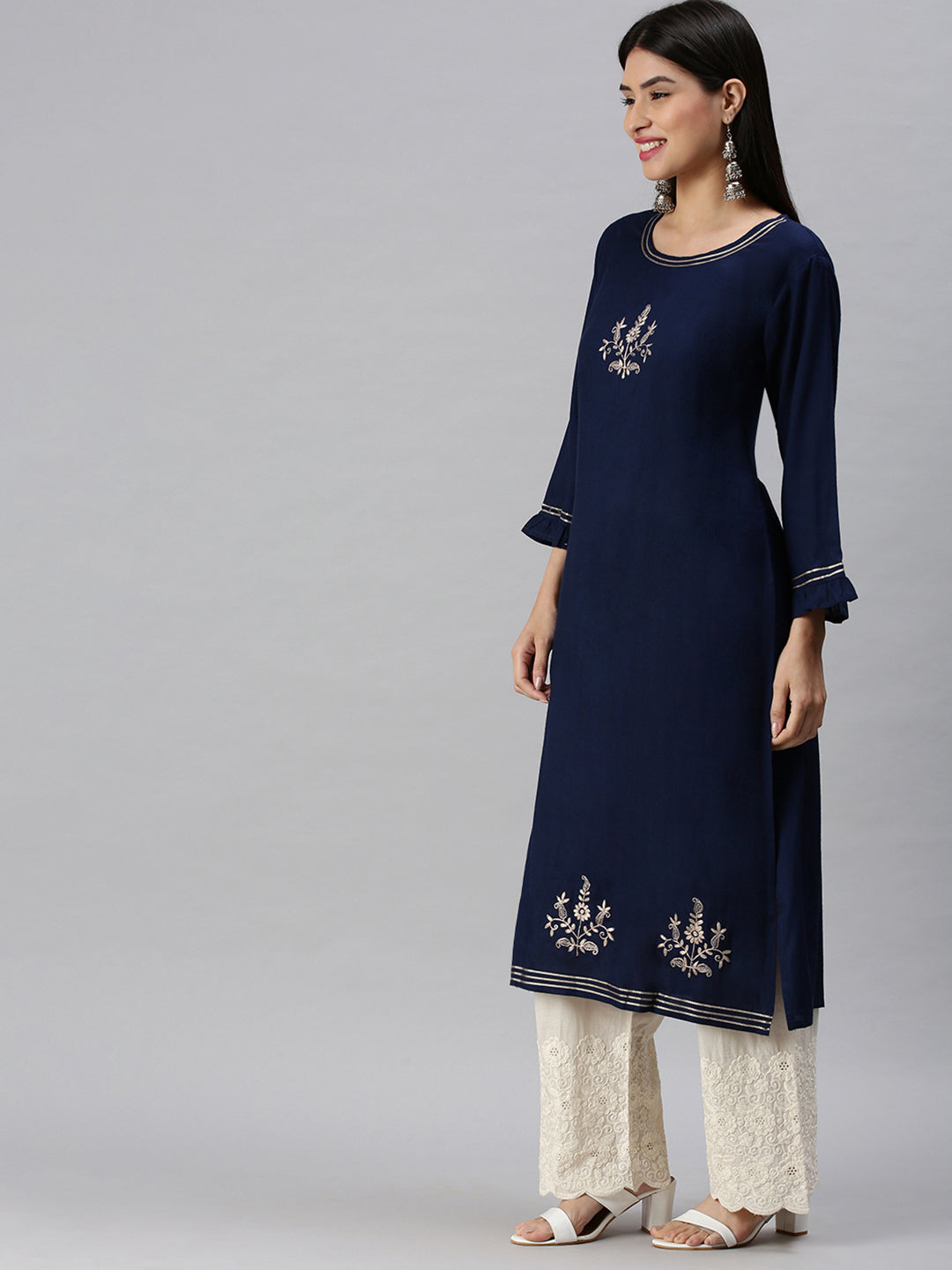 Women Straight Navy Blue Solid Kurta and Trousers