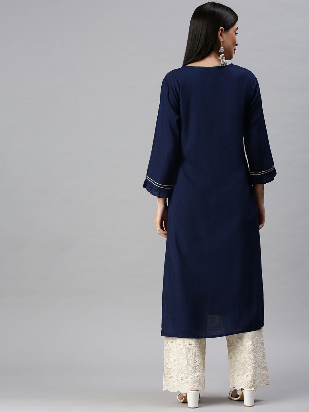 Women Straight Navy Blue Solid Kurta and Trousers