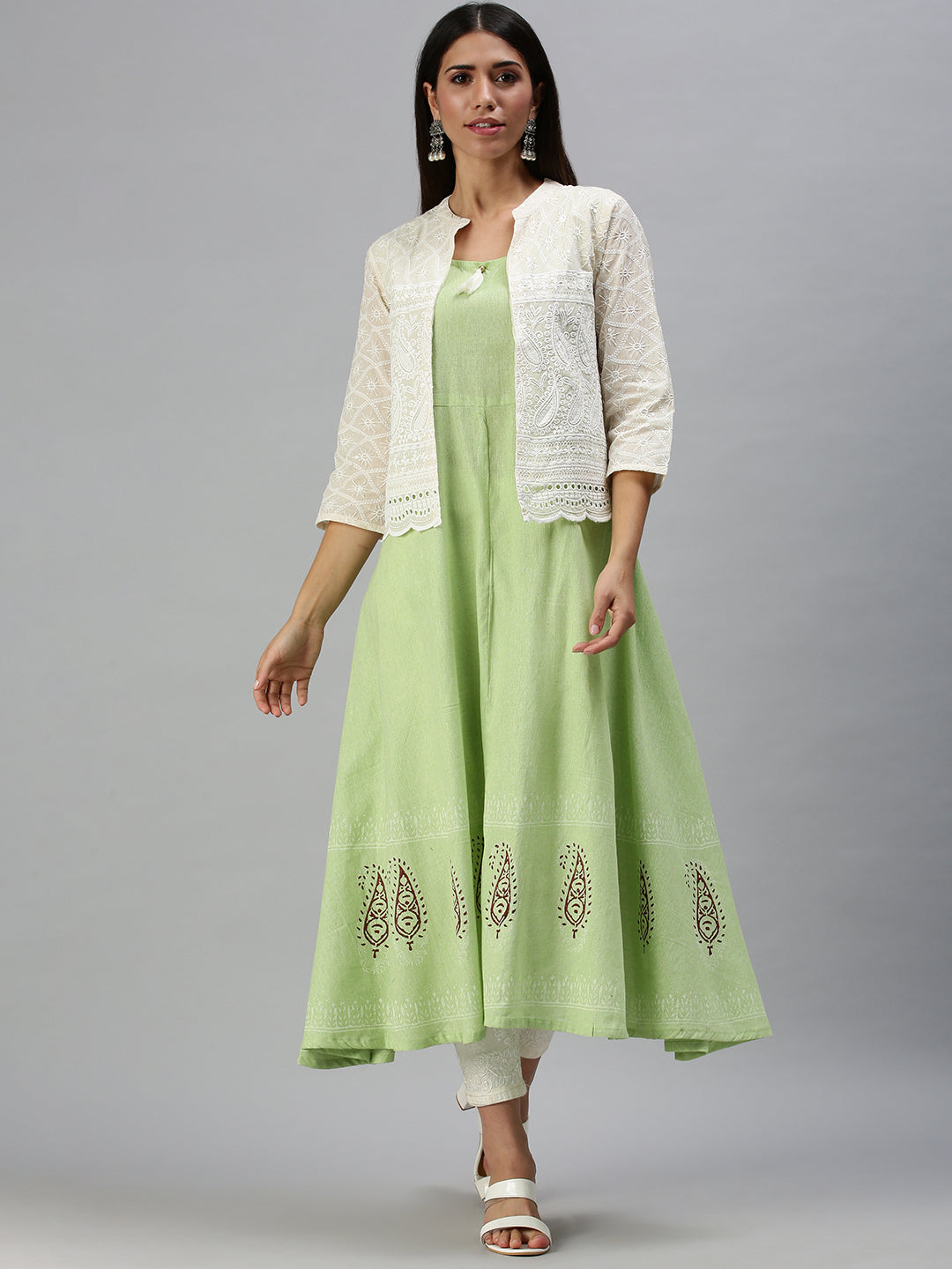 Women Mandarin Collar Woven Design Green Anarkali Kurta