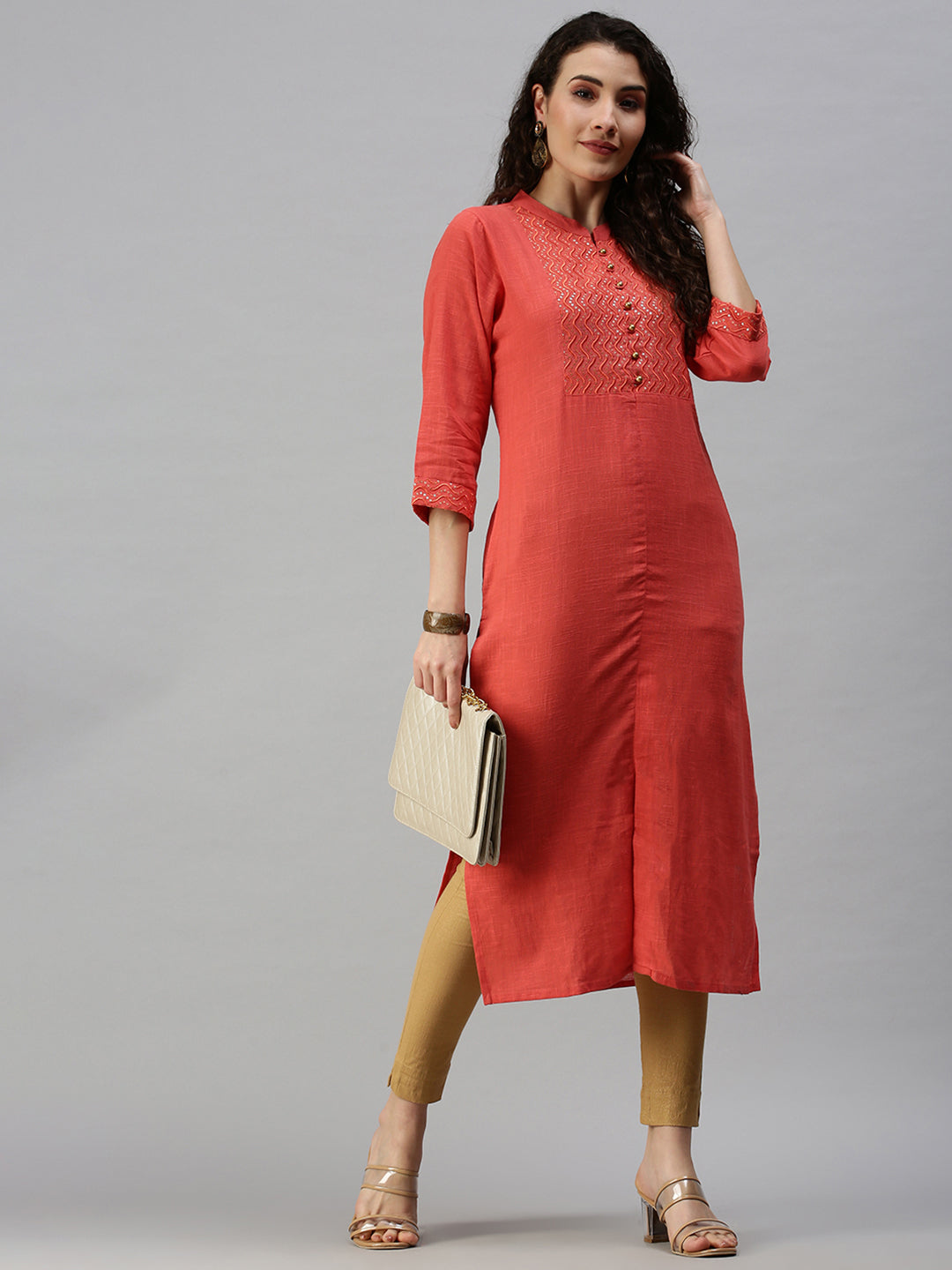 Women Mandarin Collar Yoke Design Orange Straight Kurta