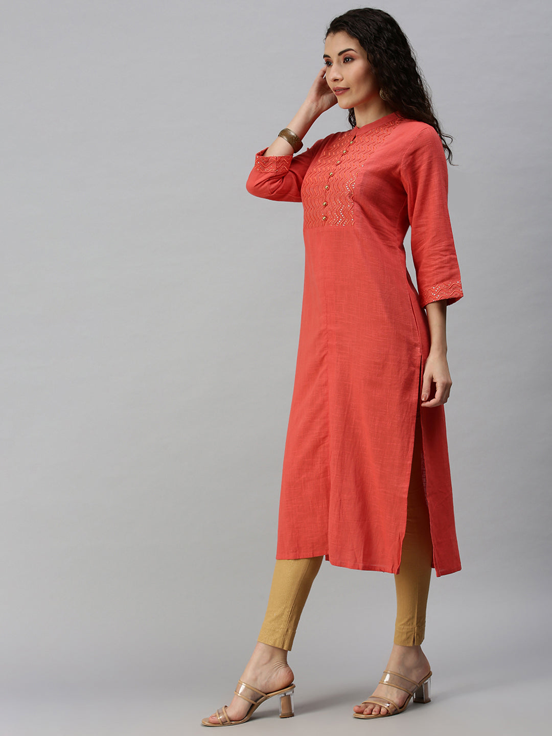 Women Mandarin Collar Yoke Design Orange Straight Kurta