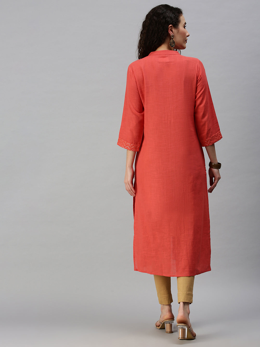 Women Mandarin Collar Yoke Design Orange Straight Kurta