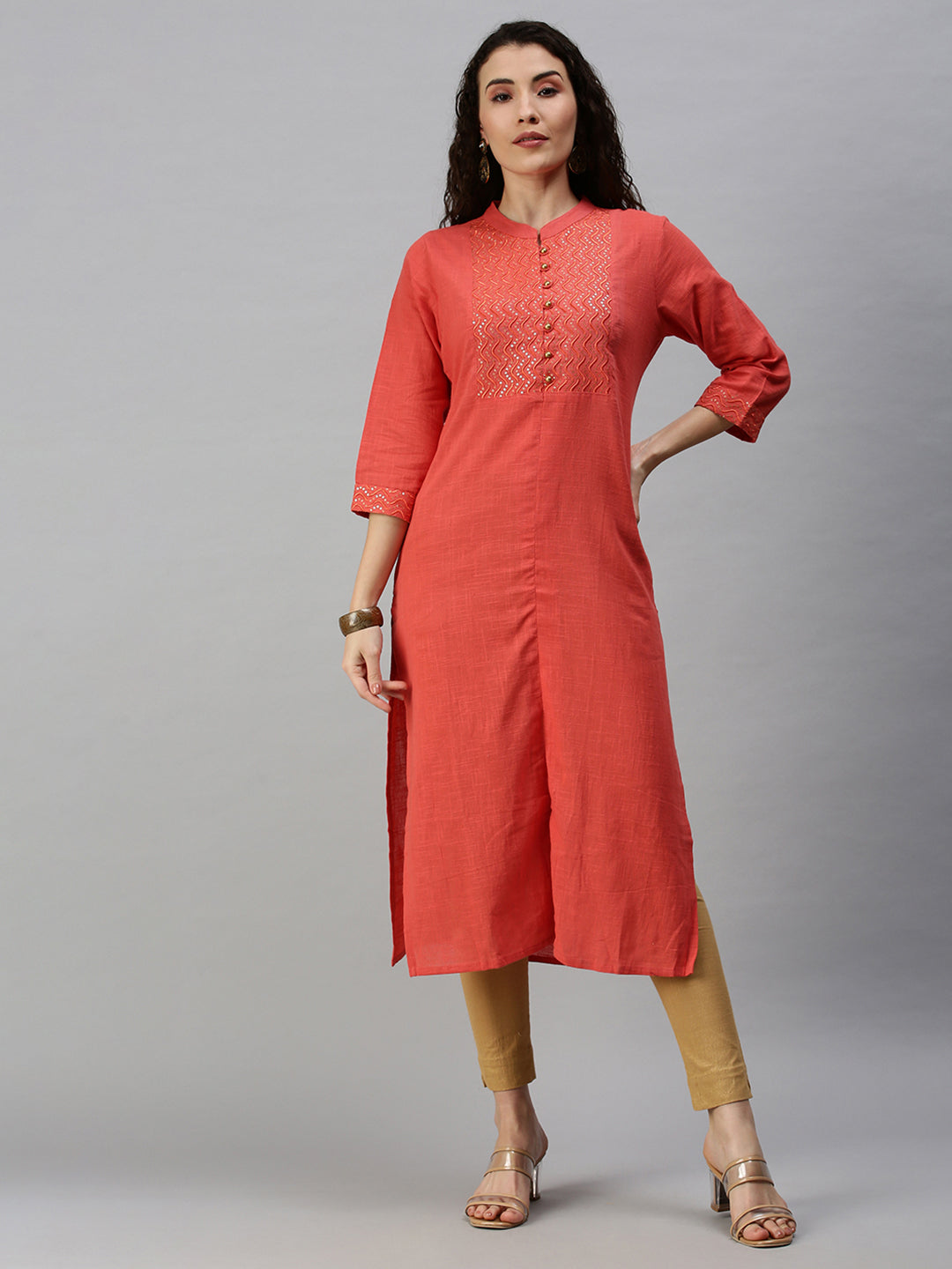 Women Mandarin Collar Yoke Design Orange Straight Kurta