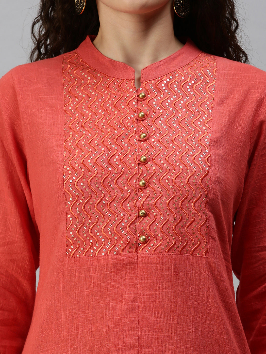 Women Mandarin Collar Yoke Design Orange Straight Kurta