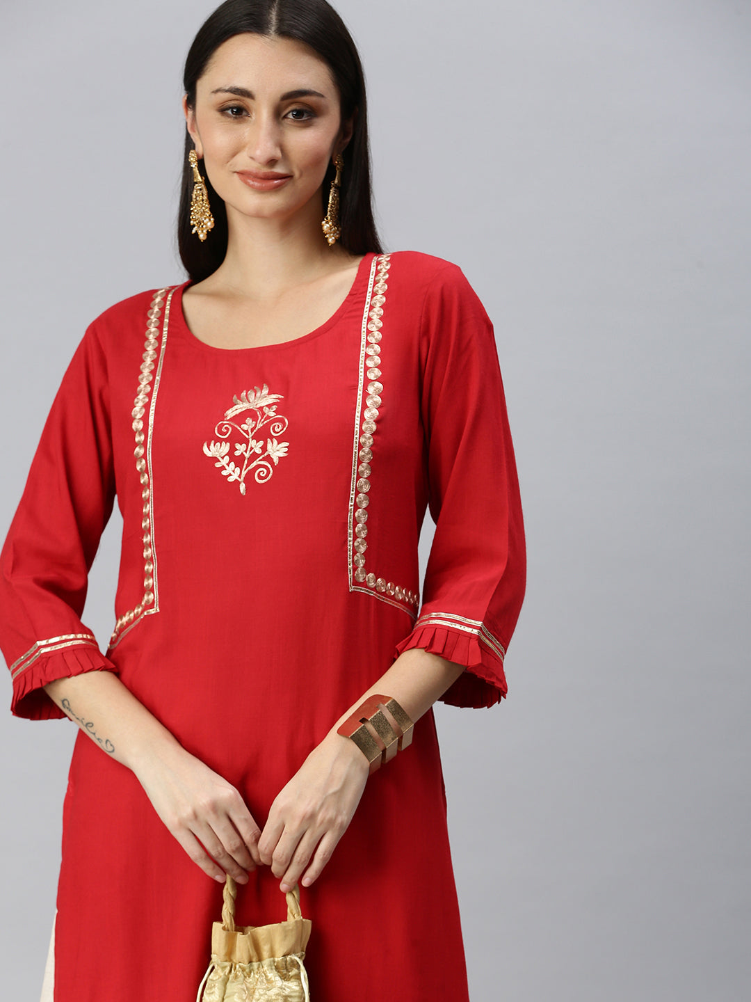 Women Straight Red Solid Kurta and Palazzos