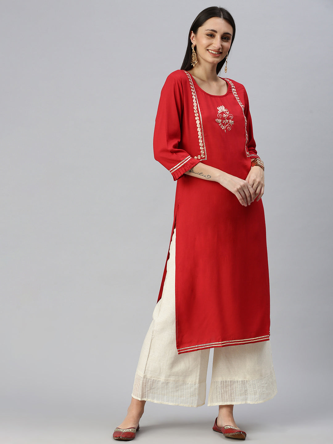 Women Straight Red Solid Kurta and Palazzos