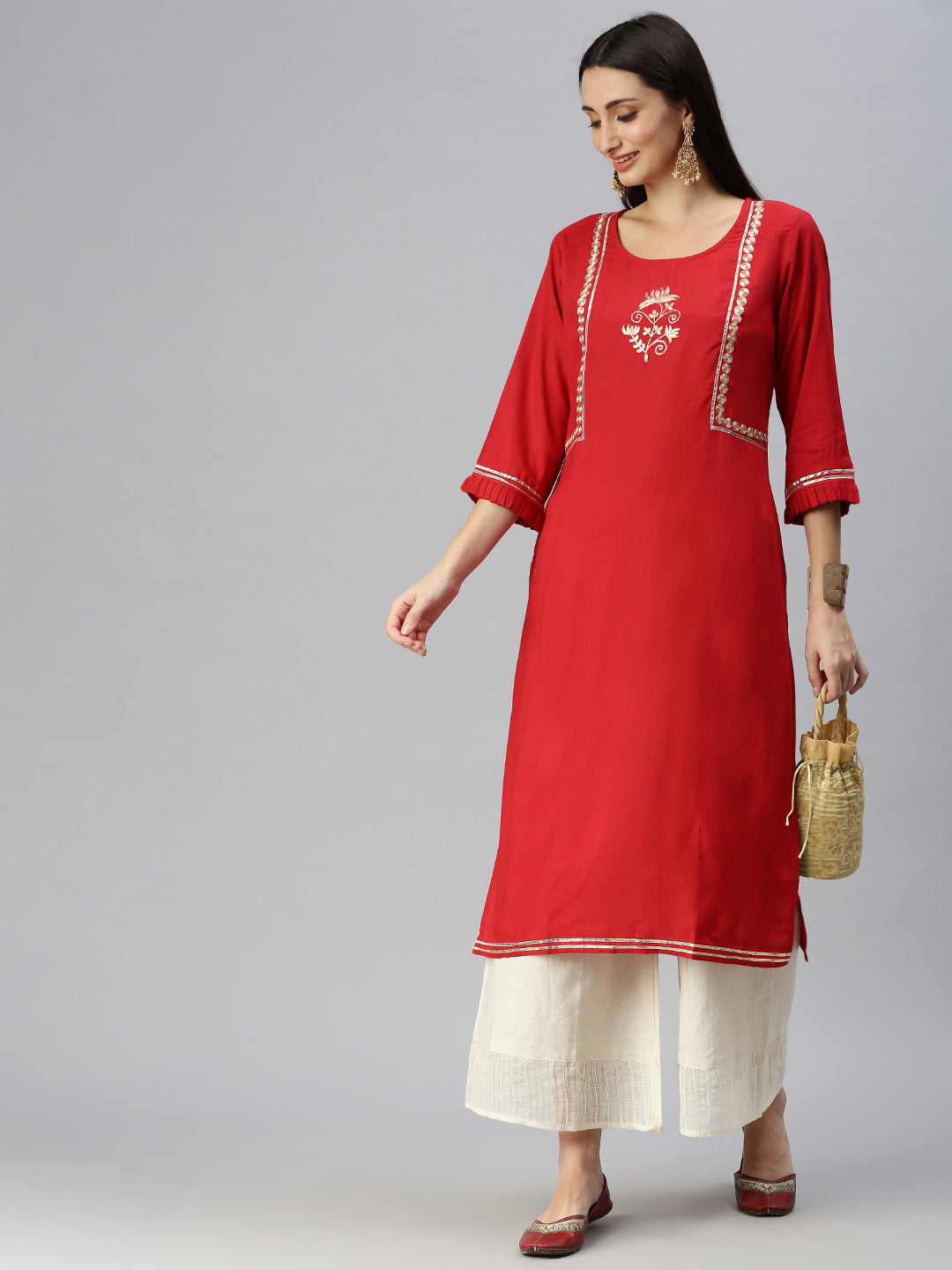 Women Straight Red Solid Kurta and Palazzos