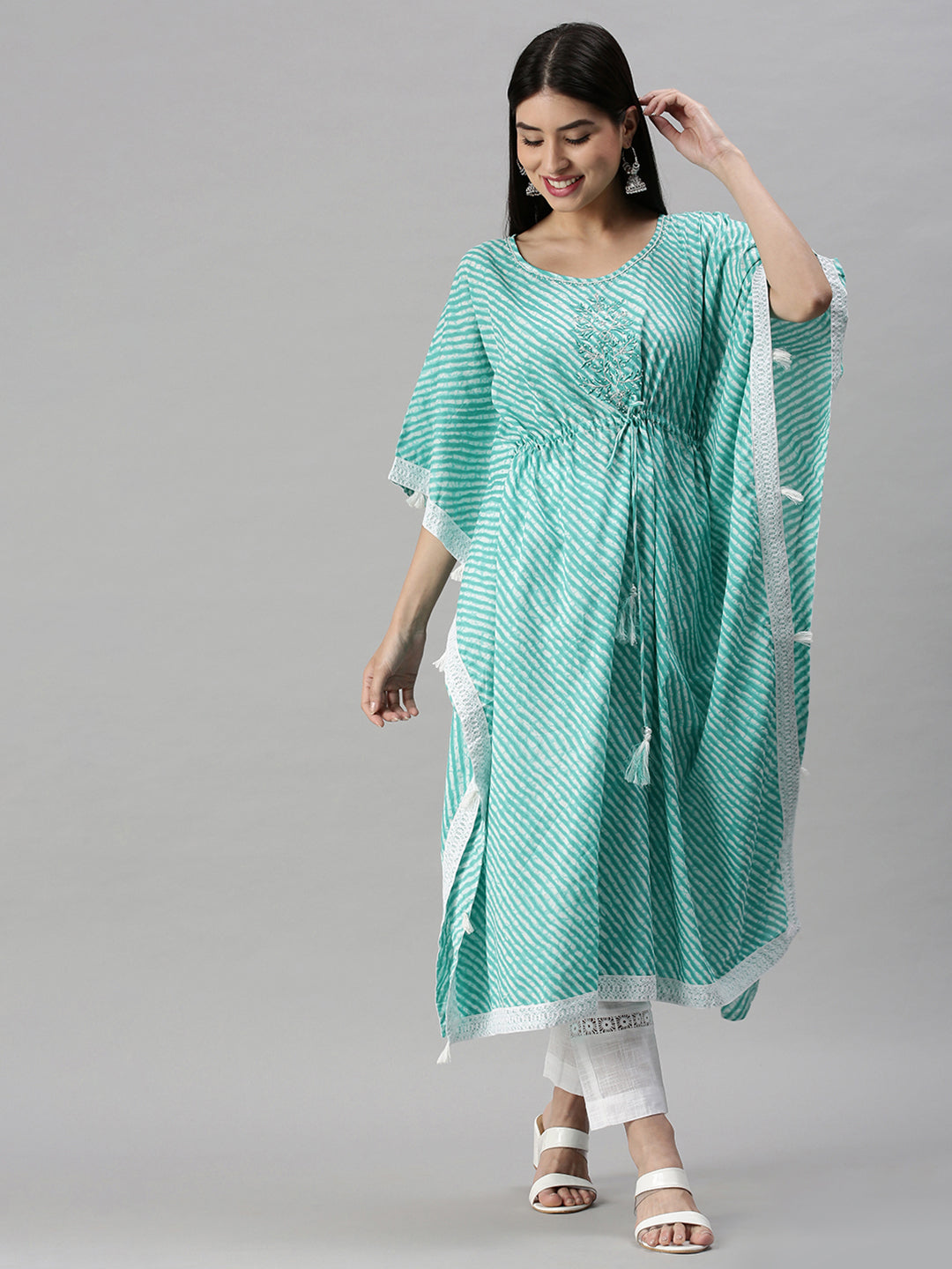 Women Kaftan Turquoise Blue Printed Kurta and Trousers