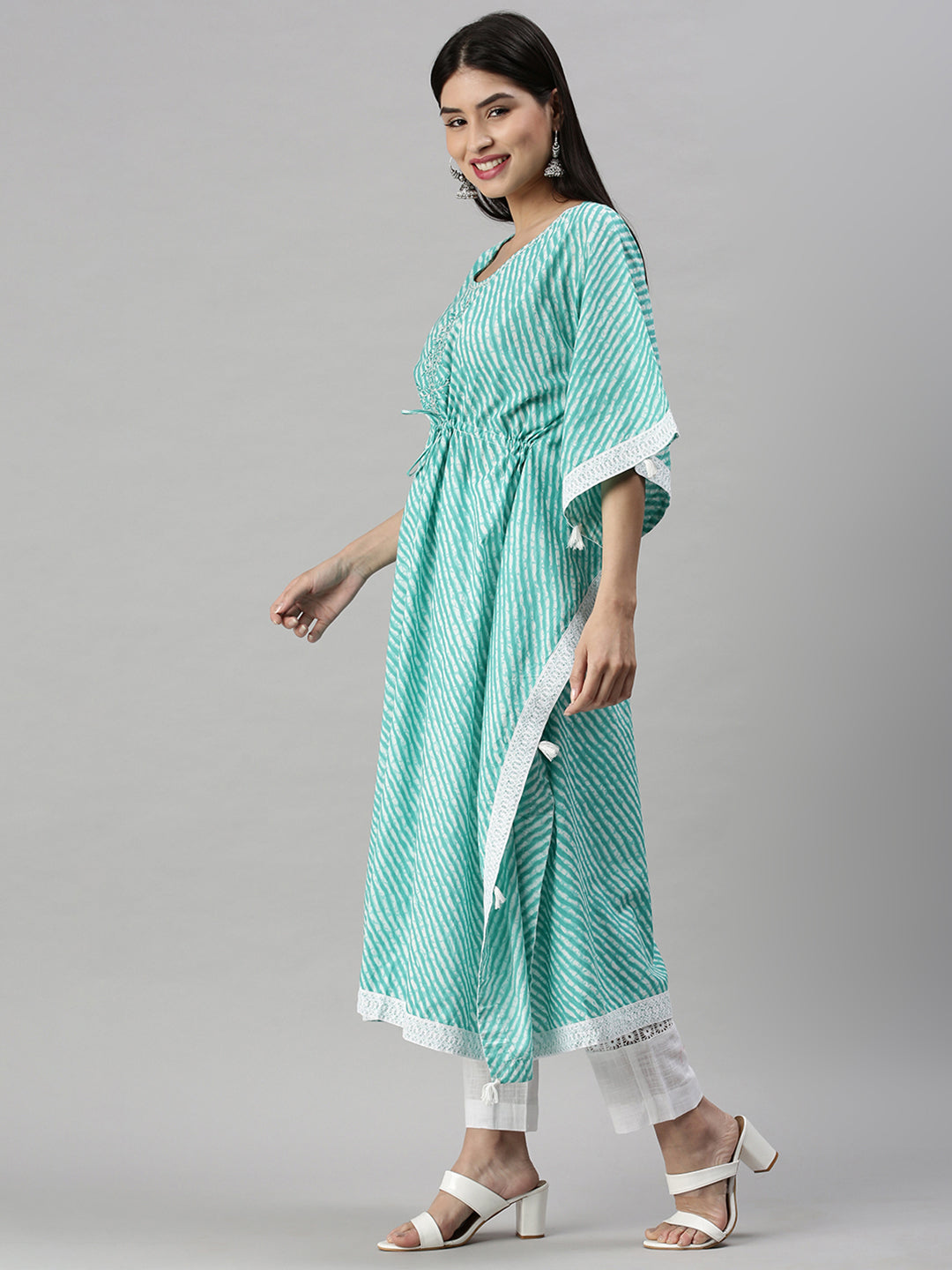 Women Kaftan Turquoise Blue Printed Kurta and Trousers