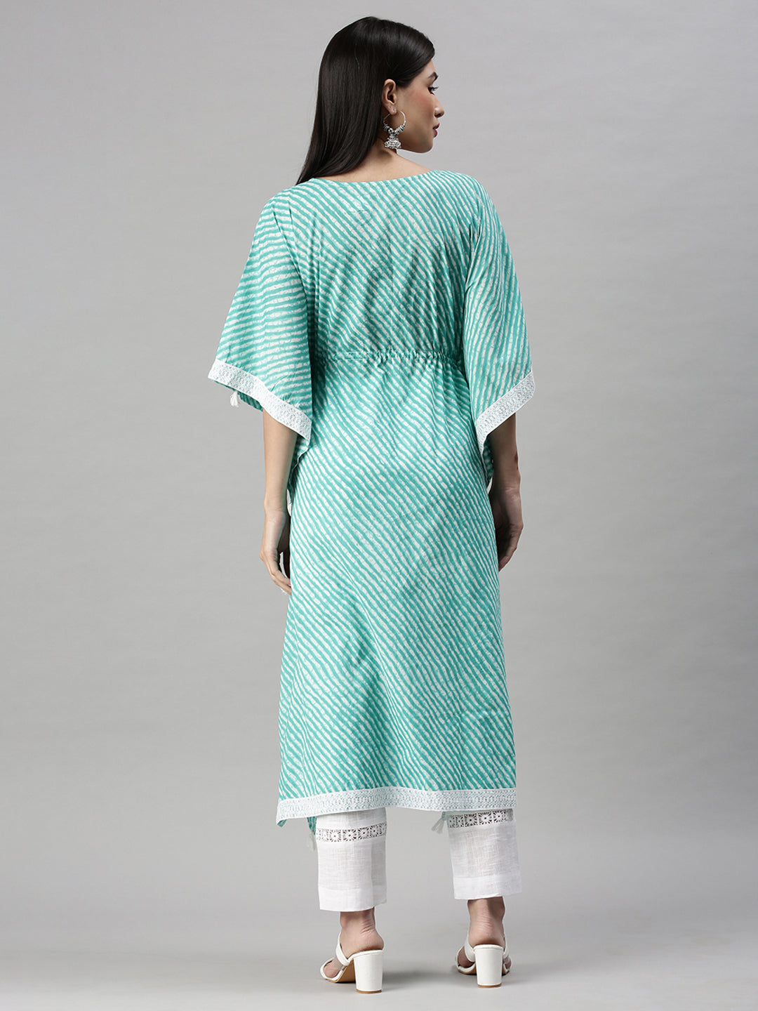 Women Kaftan Turquoise Blue Printed Kurta and Trousers