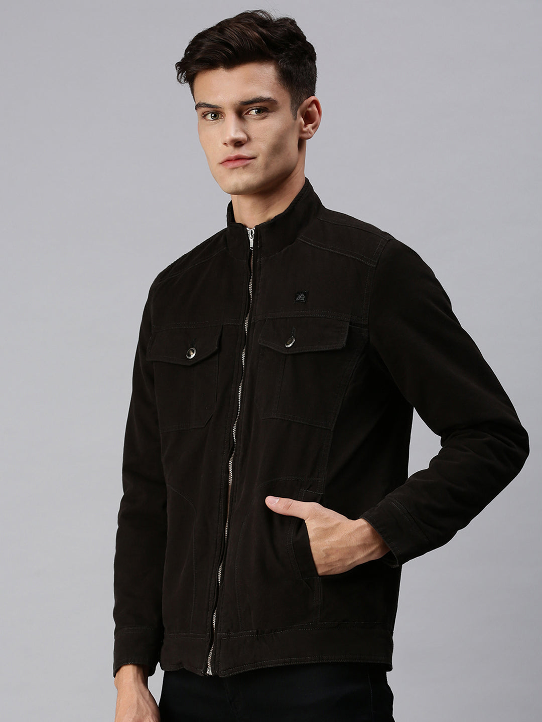 Men Solid Black Biker Jacket