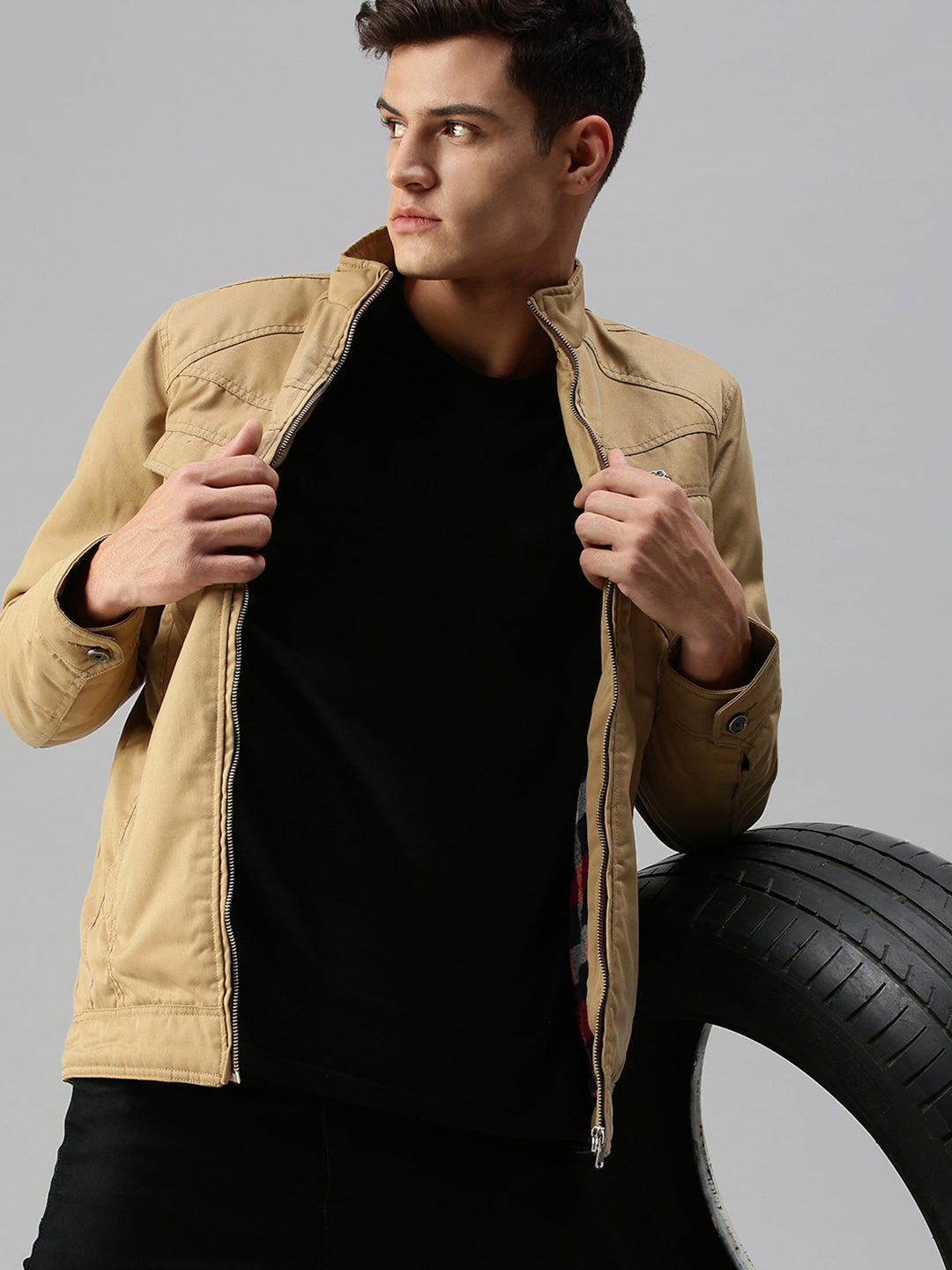 Men Solid Khaki Biker Jacket