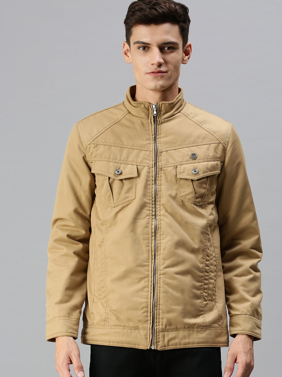 Men Solid Khaki Biker Jacket