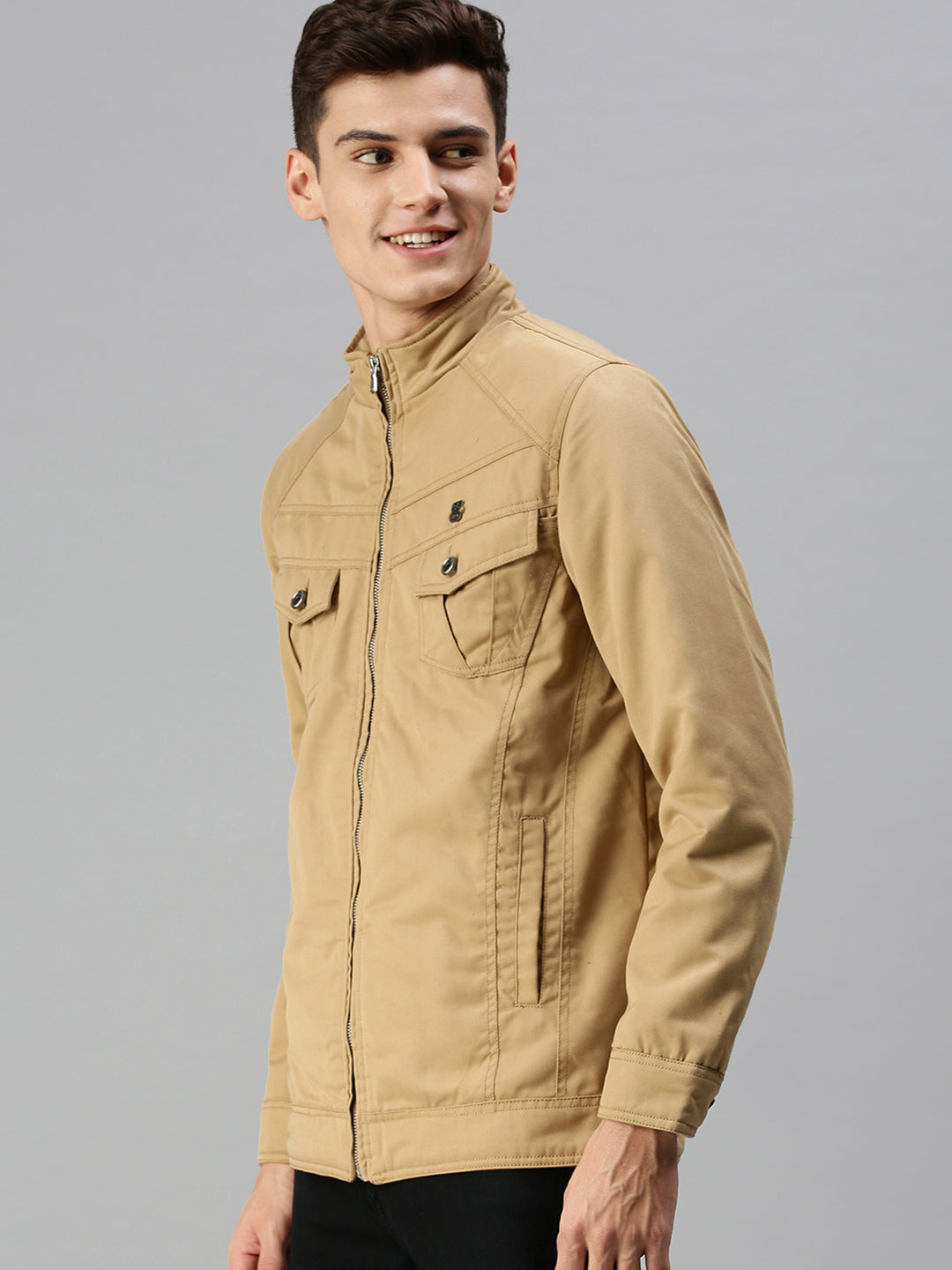 Men Solid Khaki Biker Jacket