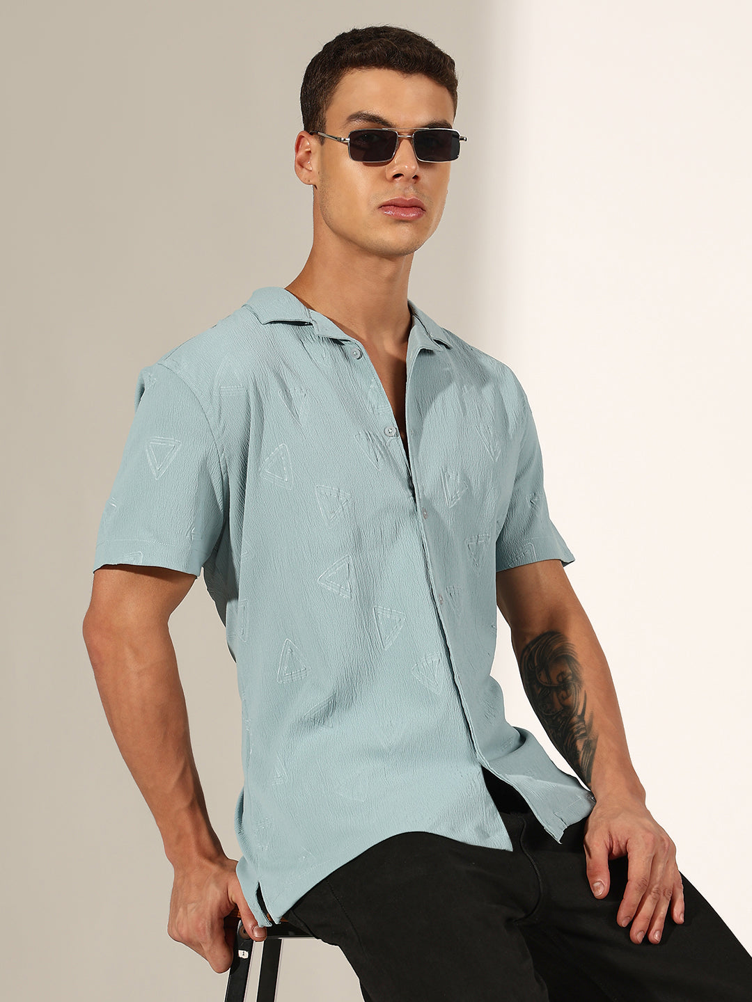 Men's Sea Green Half Sleeve Cuban Collar Shirt with Embossed Geometric Pattern