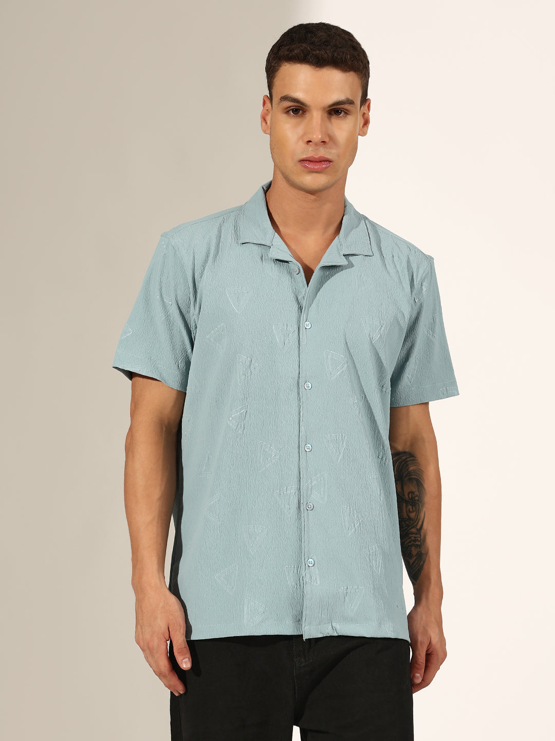 Men's Sea Green Half Sleeve Cuban Collar Shirt with Embossed Geometric Pattern