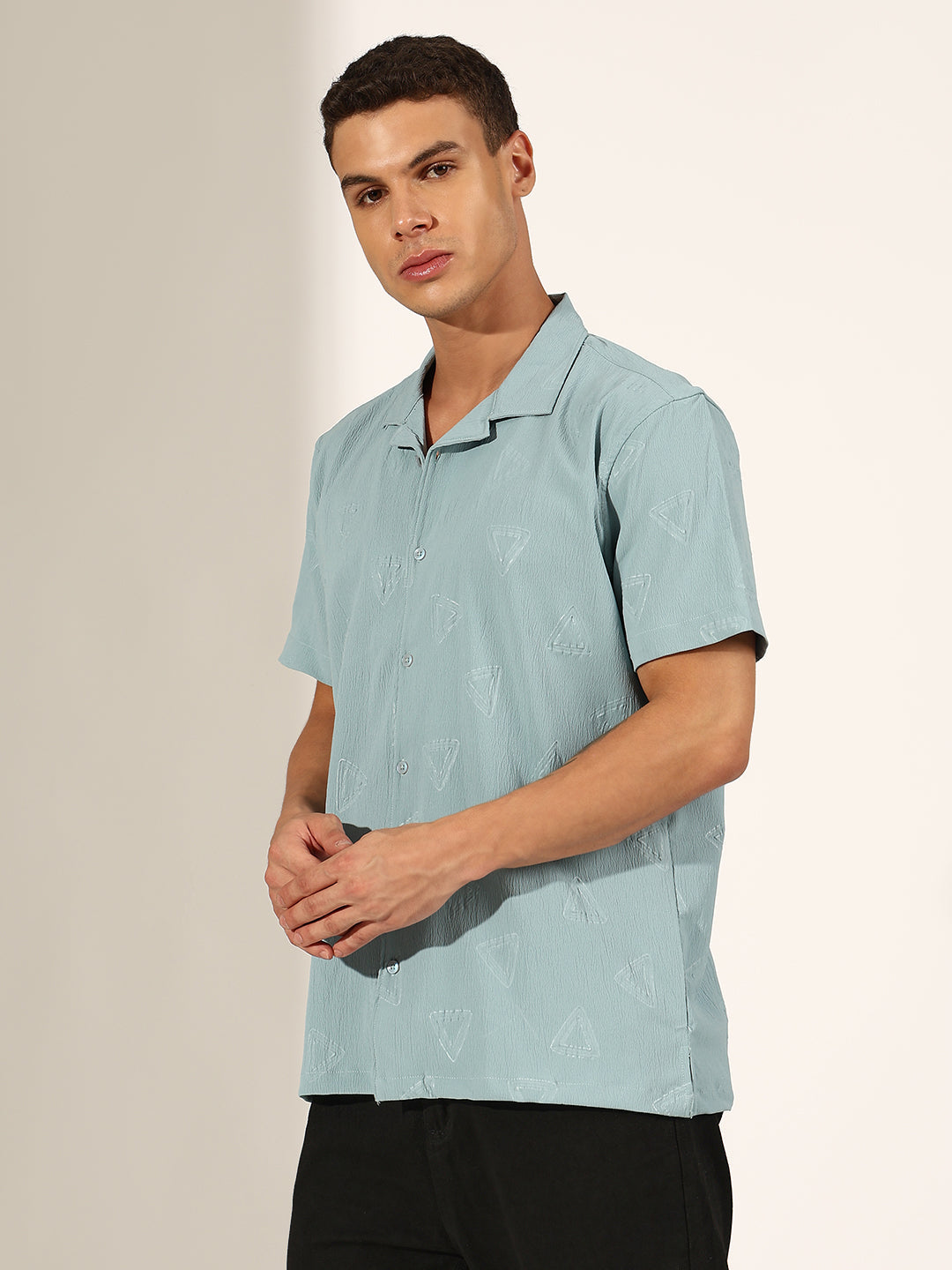 Men's Sea Green Half Sleeve Cuban Collar Shirt with Embossed Geometric Pattern
