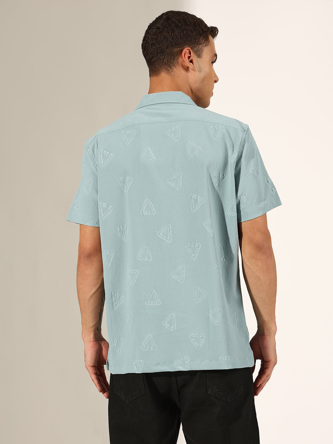 Men's Sea Green Half Sleeve Cuban Collar Shirt with Embossed Geometric Pattern
