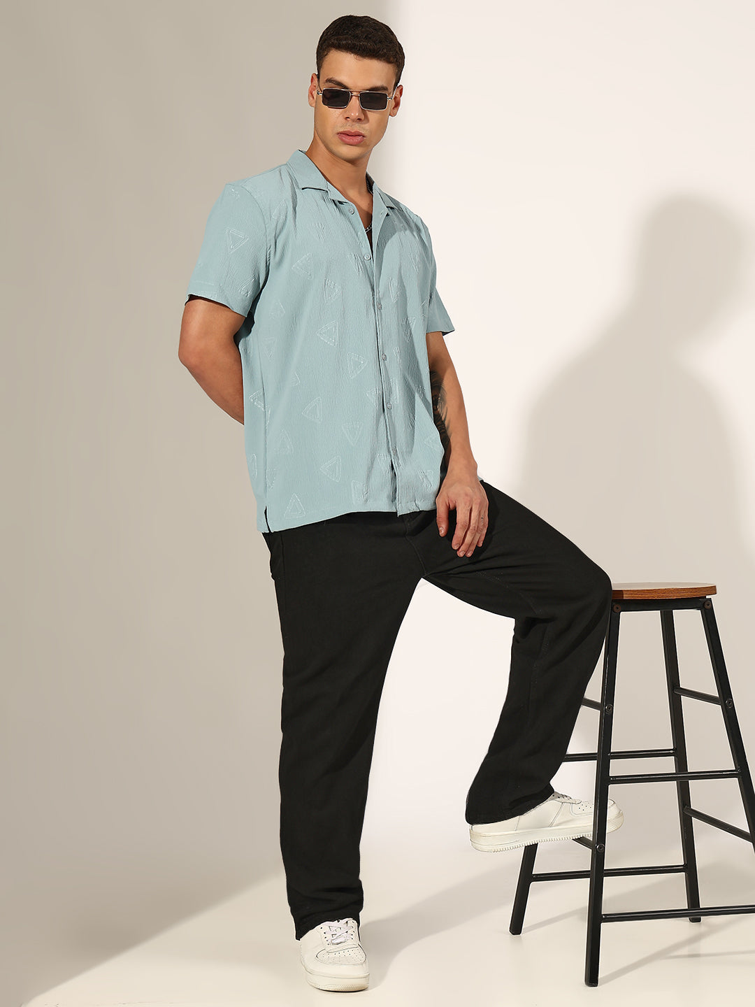Men's Sea Green Half Sleeve Cuban Collar Shirt with Embossed Geometric Pattern